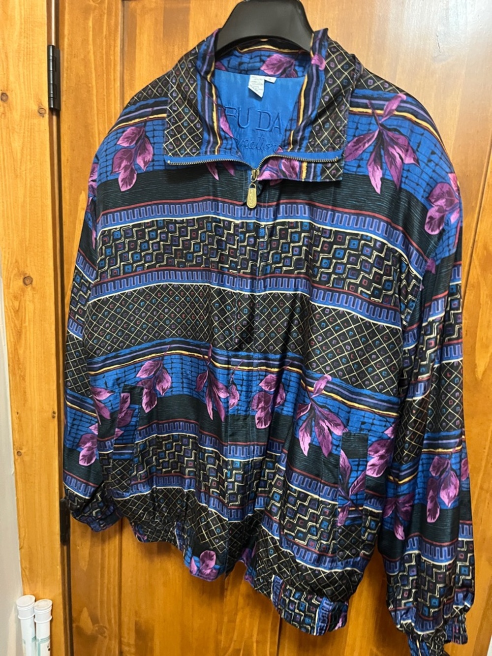 FUDA Vintage-Inspired 100% Silk; Zip Front Jacket - Black, Blue & Purple Floral